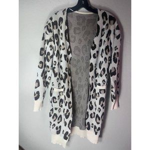 Women Cardigan Medium Leopard Pattern Long Sleeve Dual Pocket Drop Shoulder